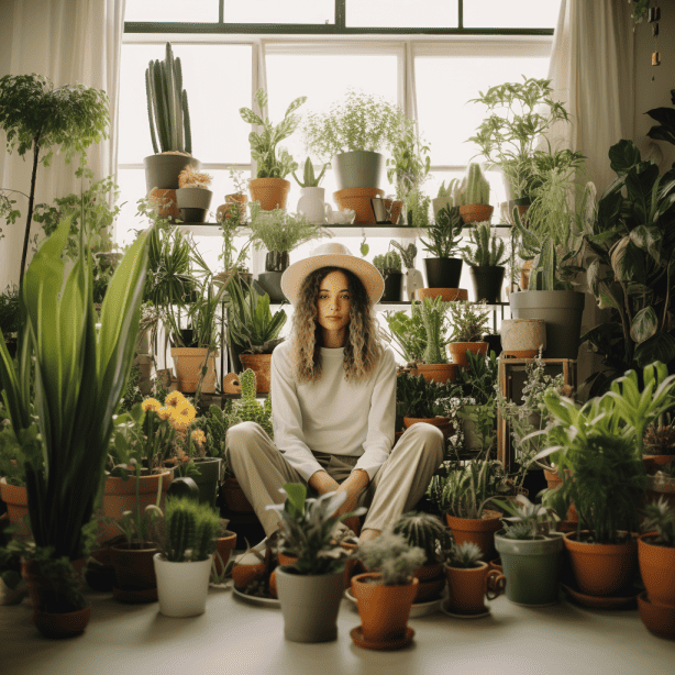 people in room filled with plants