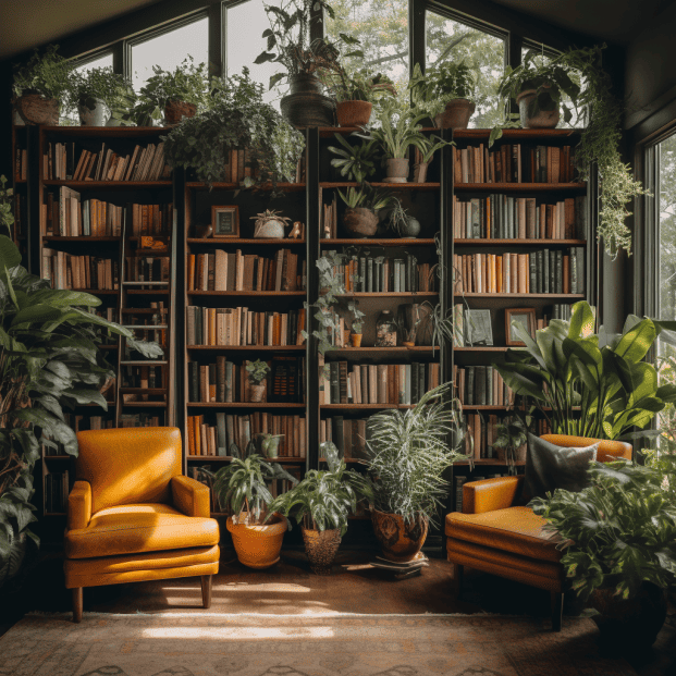 library with potted plants