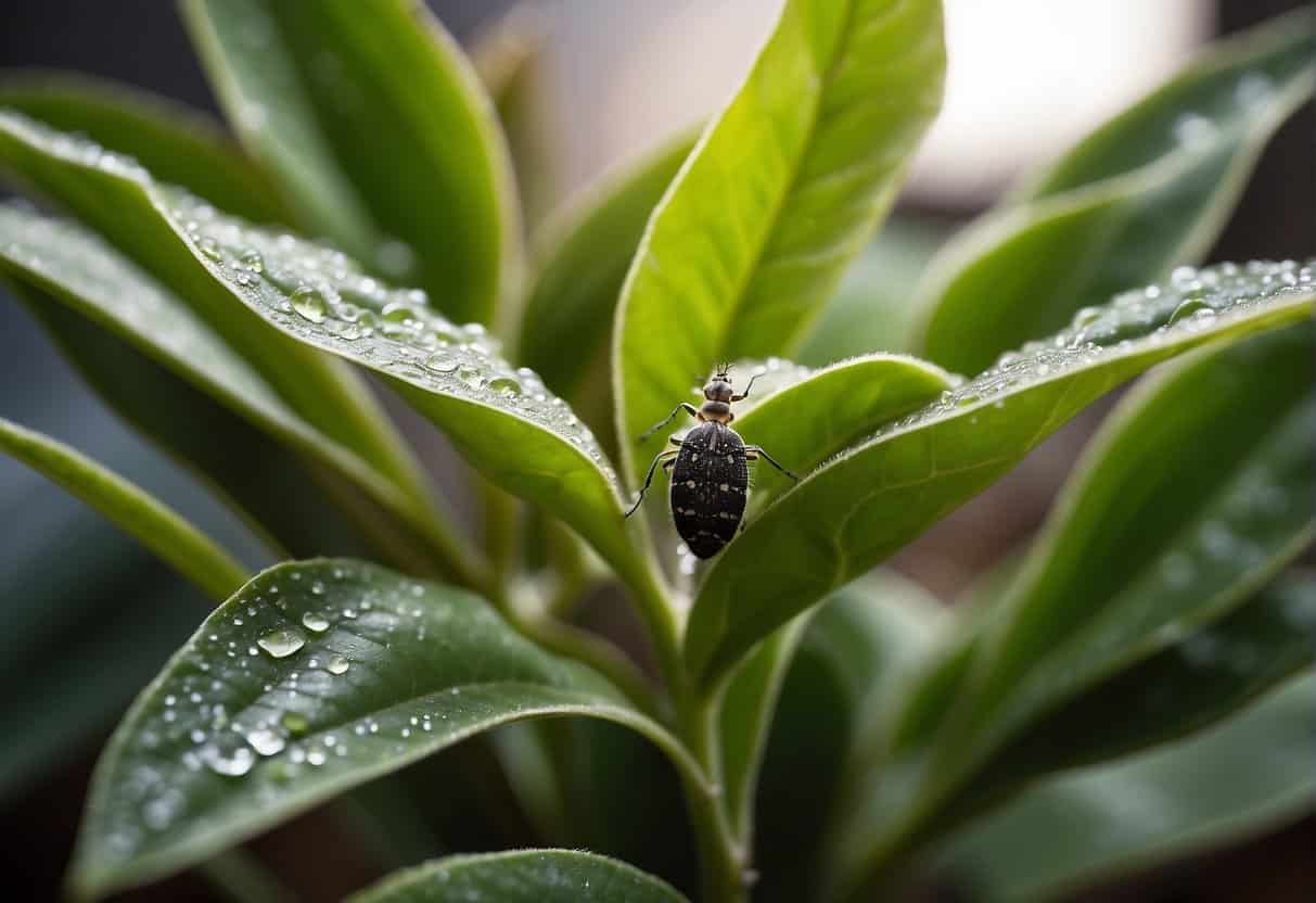 A healthy houseplant surrounded by various pests and diseases, such as aphids, mealybugs, and leaf spots, with a troubleshooting guide nearby
