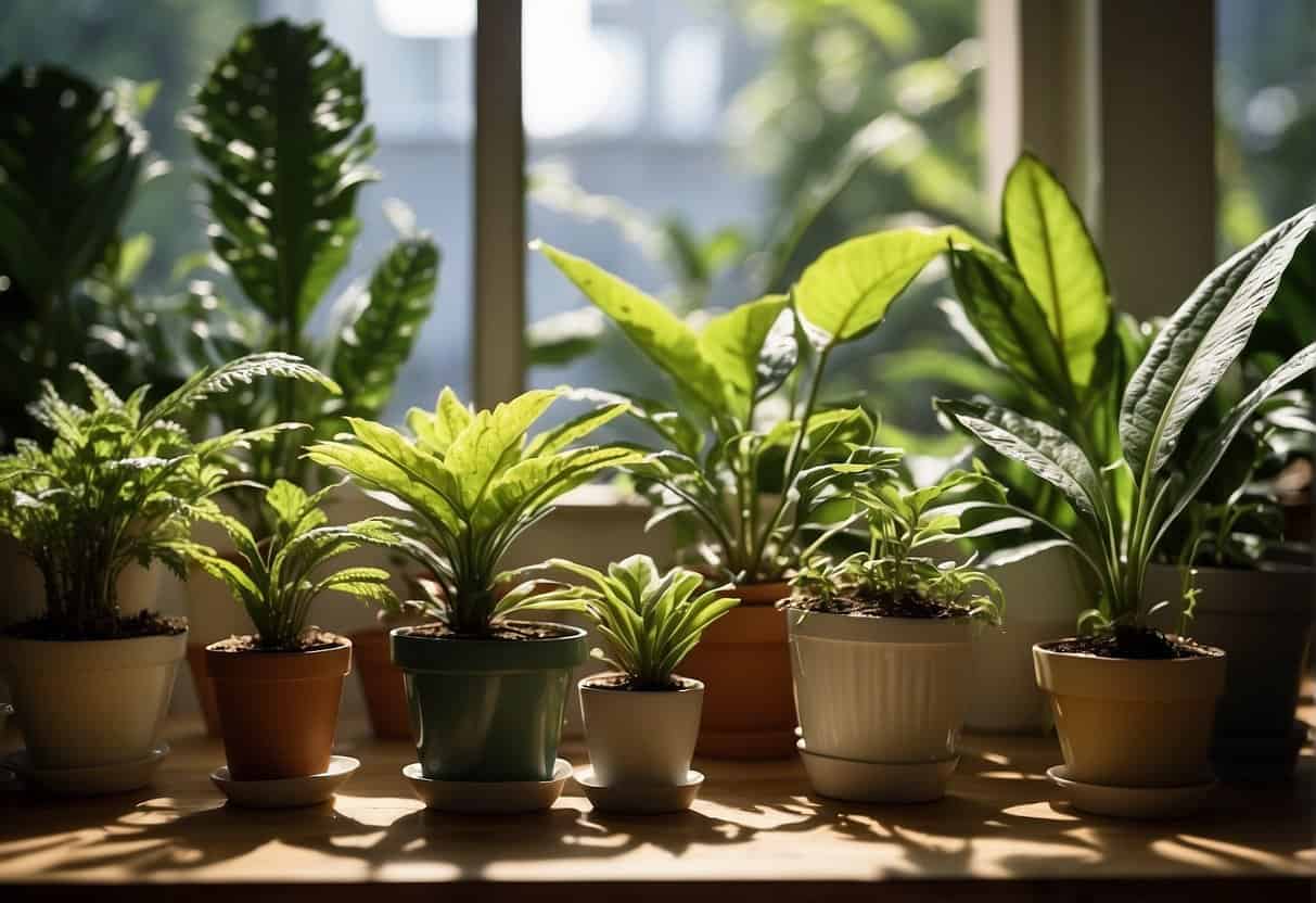 A variety of houseplants with signs of pest and disease issues, such as yellowing leaves, spots, and wilting, are displayed on a table