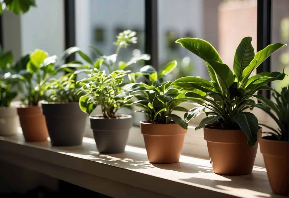 Lush green houseplants in pots, placed strategically around a modern, well-lit living room. Sunlight streaming in through the windows, casting a warm glow on the foliage