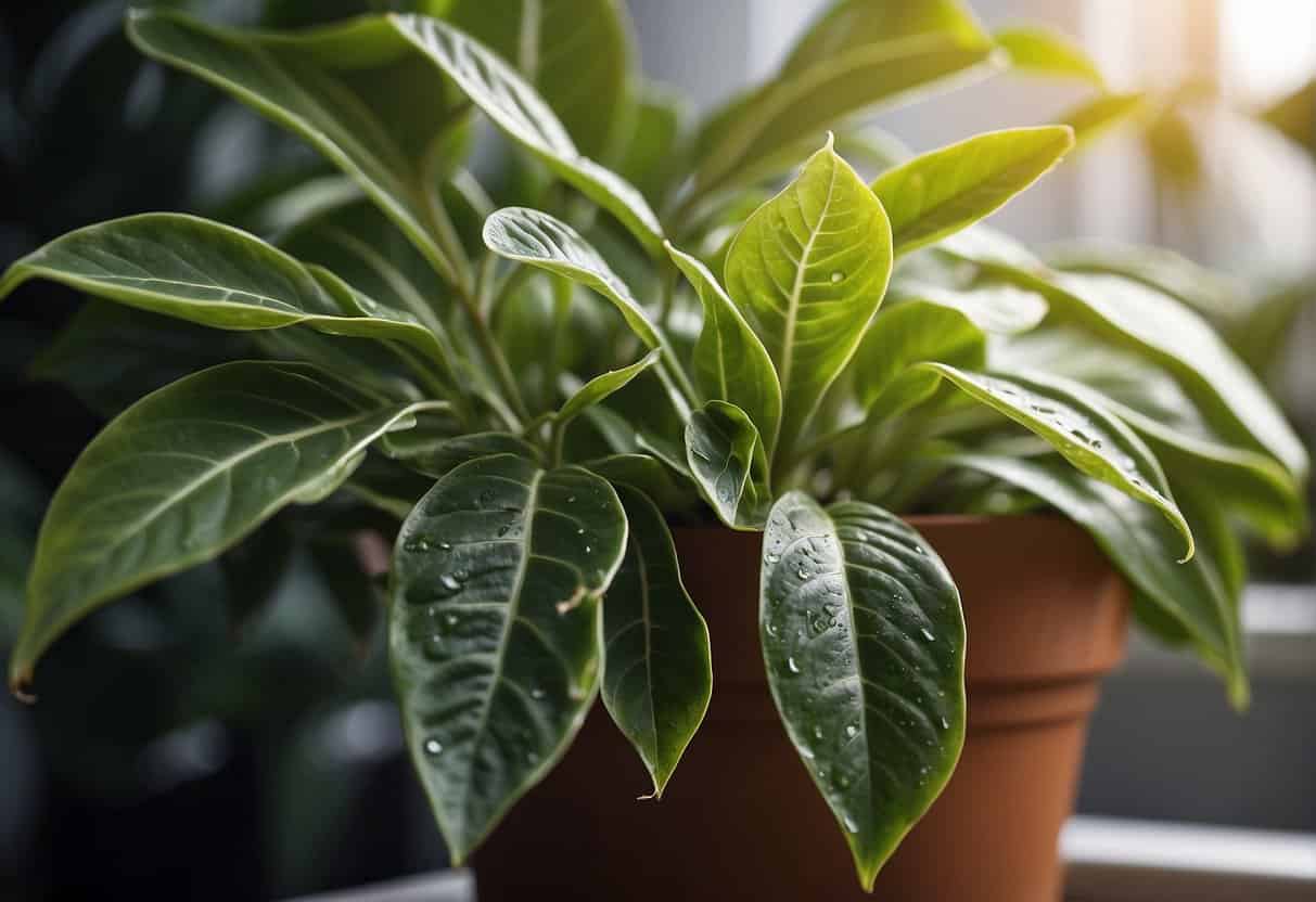 Houseplant with pests and diseases, showing wilting leaves and discolored spots. Treatment products nearby