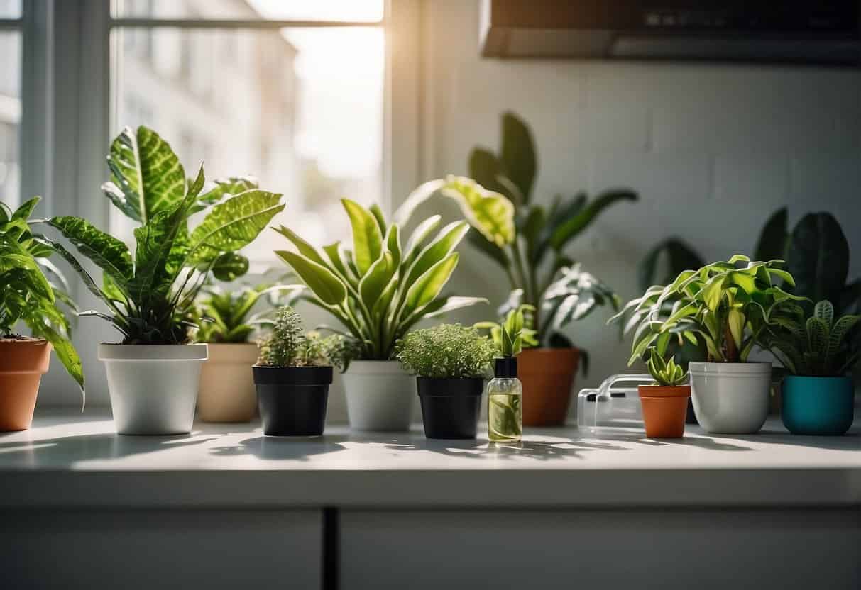 Healthy houseplants surrounded by pest control products and care tools. Troubleshooting guides and resources nearby. Bright, clean environment