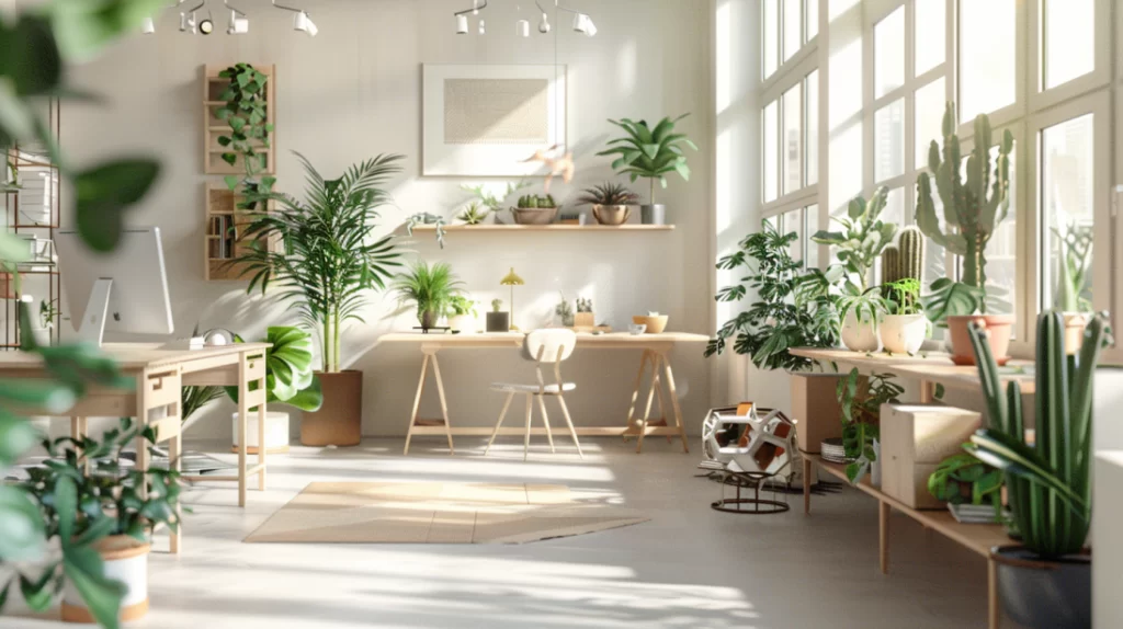 home office with large windows and several plants