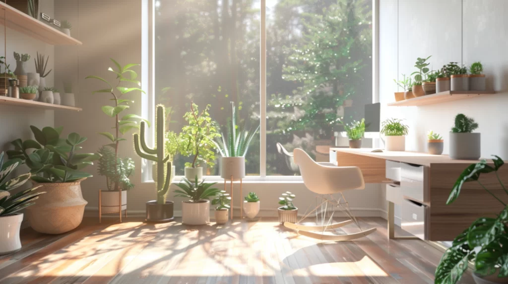 home office with large windows and plants