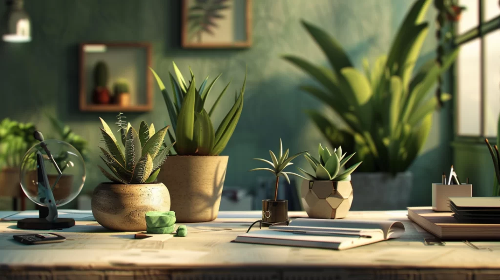 desk with potted succulents