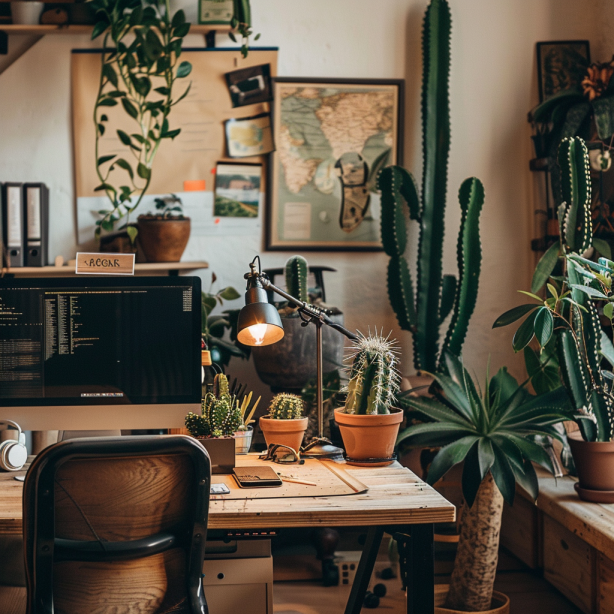 home office with many plants
