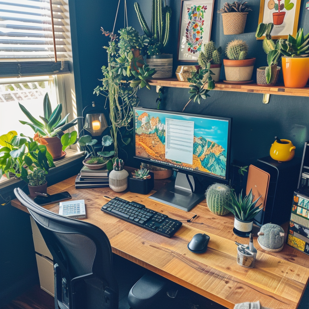 home office with many plants