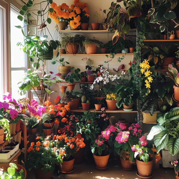 many indoor flowers and plants in pots