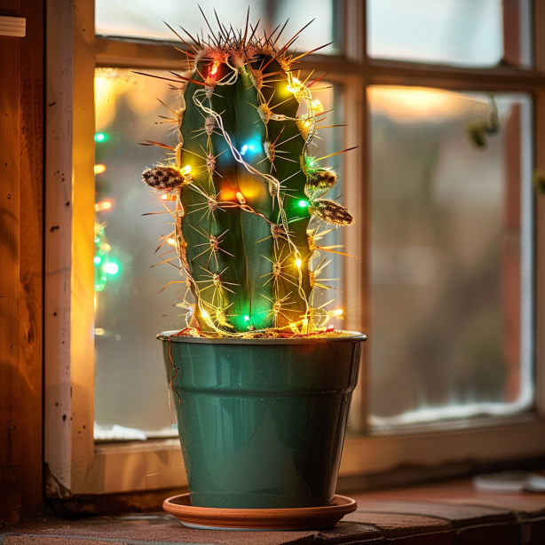 potted cactus with string of christmas lights