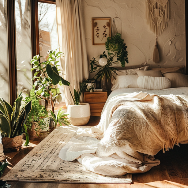 plants in bohemian bedroom