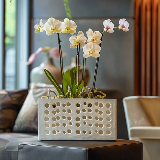 white orchids in pot with holes