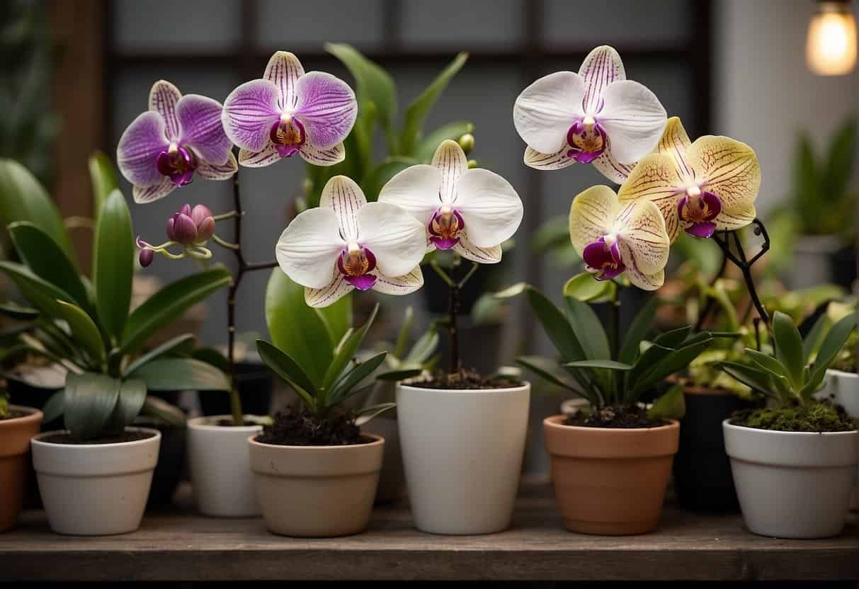 A collection of diverse orchids displayed in various pots, with propagation tools and techniques shown nearby