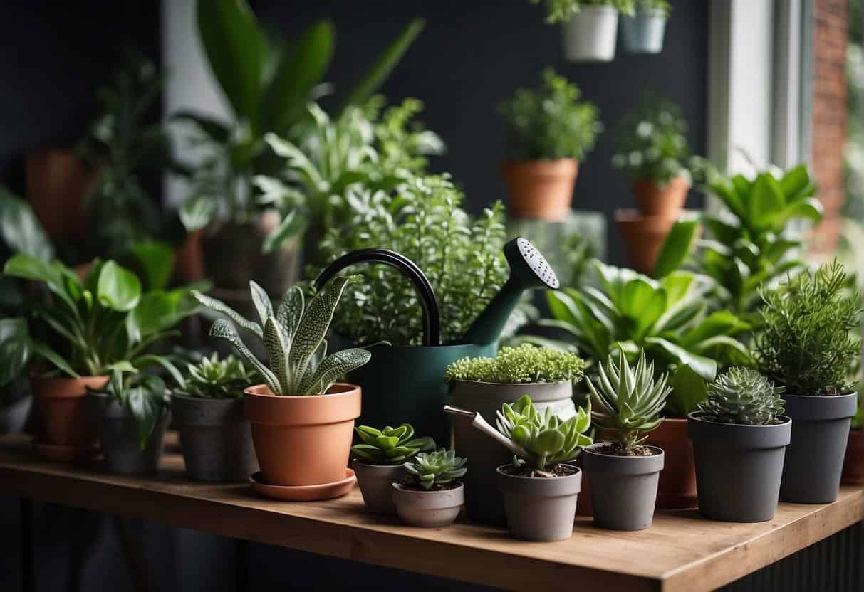 Lush green houseplants arranged on shelves, varying in size and shape. A watering can and pruning shears sit nearby, ready for maintenance