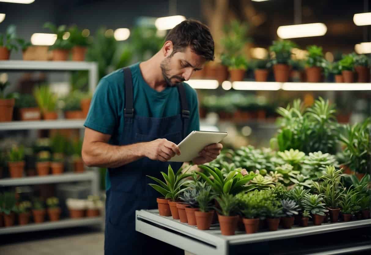 Various houseplants arranged on shelves, each labeled with maintenance requirements. A person browsing the selection with a list in hand