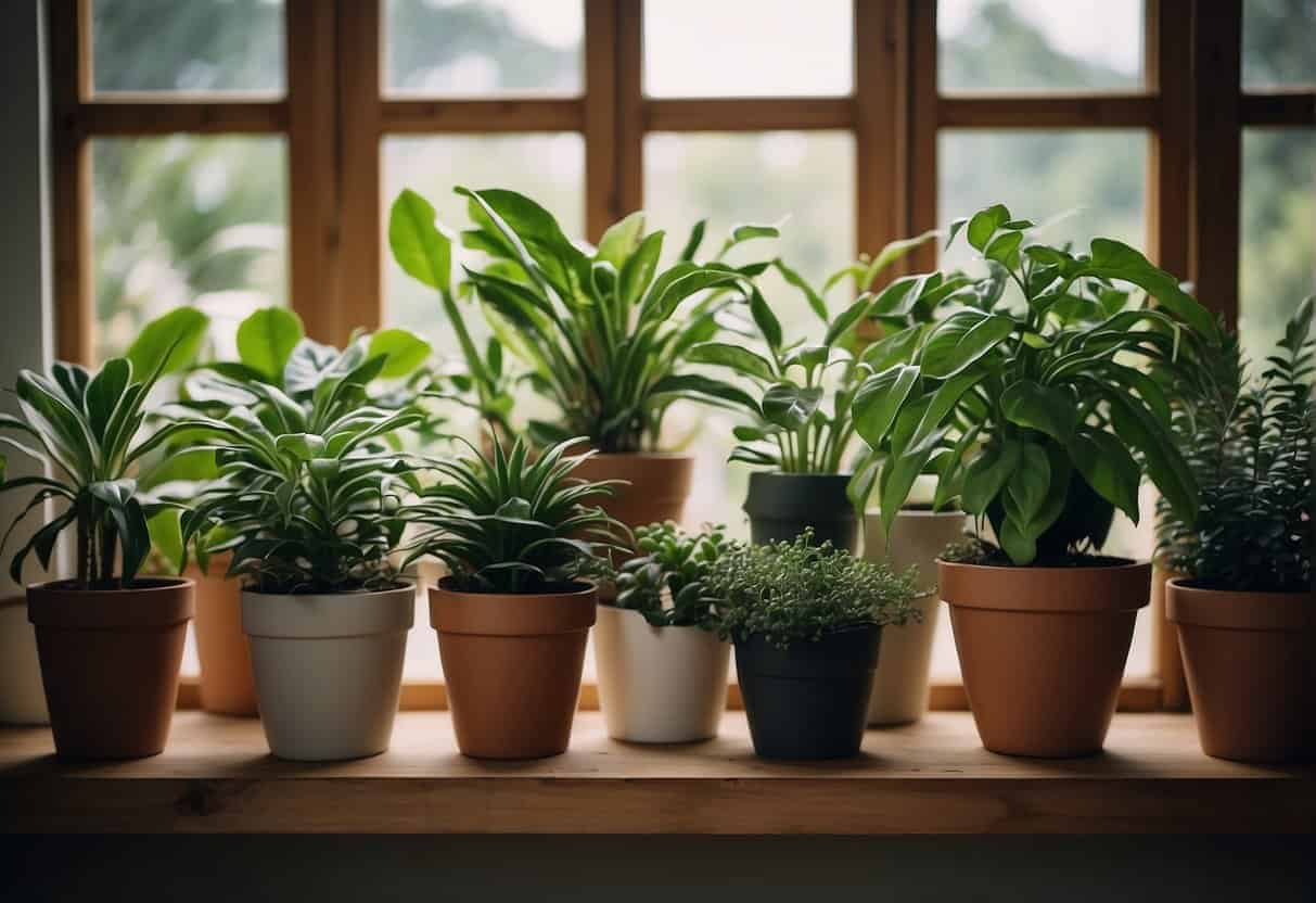 Various houseplants arranged on shelves, from low-maintenance succulents to high-maintenance ferns, with watering cans and pruning shears nearby