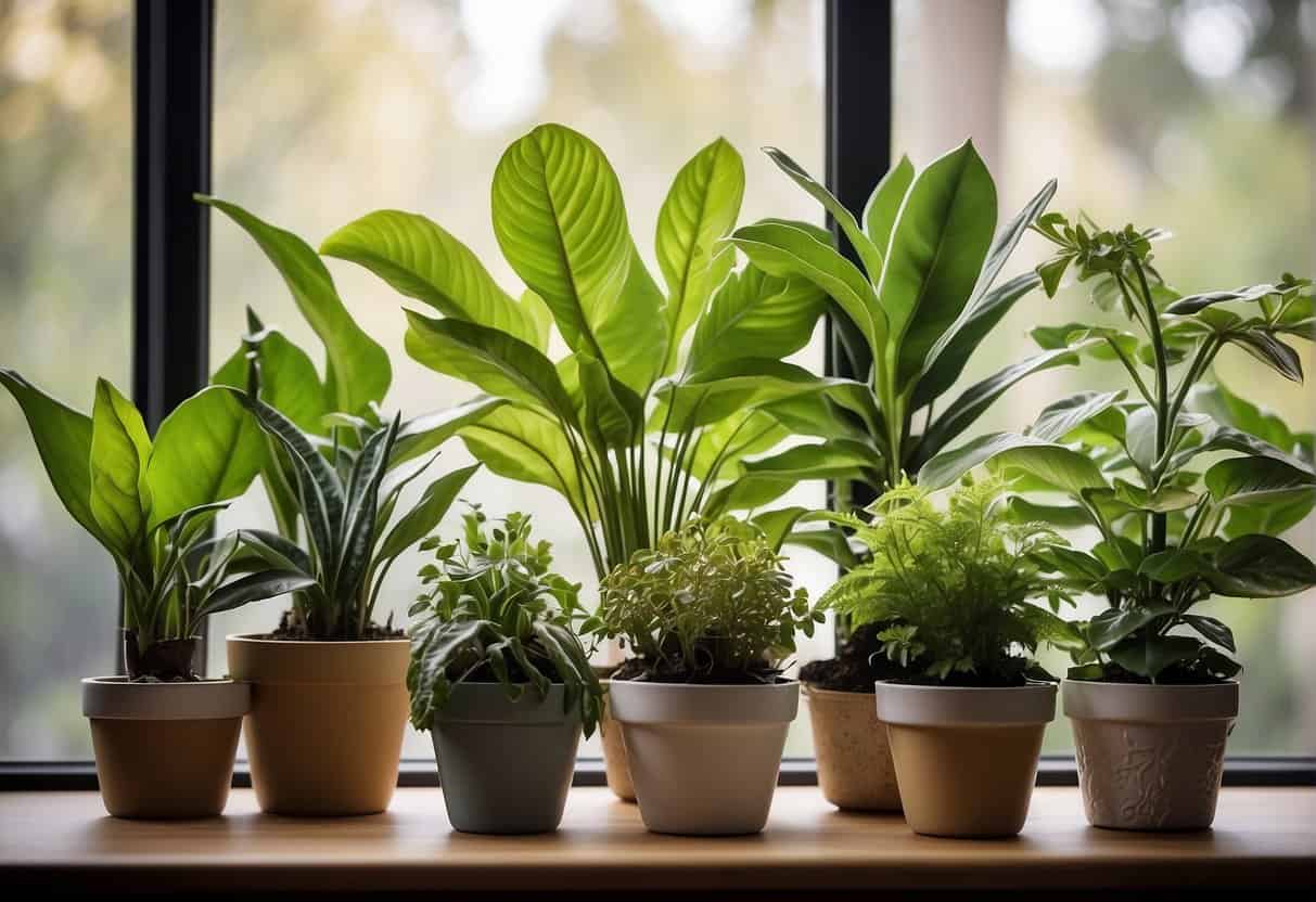A variety of houseplants with different issues (yellowing leaves, wilting, etc.) are displayed next to a chart matching each plant to maintenance preferences