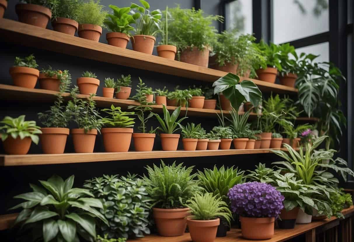 A variety of houseplants arranged on shelves, some with colorful blooms, others with lush green foliage, showcasing options for low, moderate, and high maintenance preferences