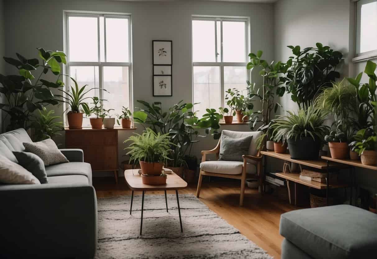A cozy living room with a variety of houseplants placed strategically around the space, catering to different lifestyles and needs