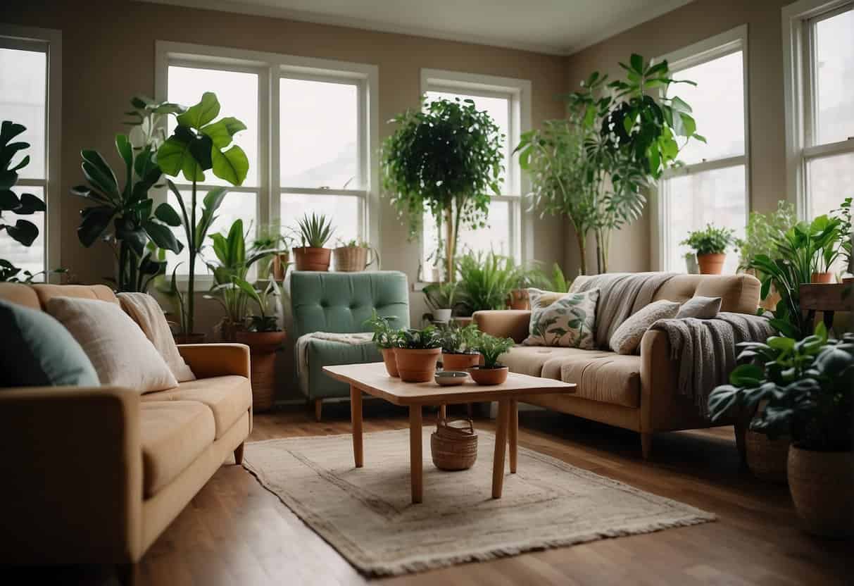A cozy living room with various houseplants creatively incorporated into the decor, suited to different lifestyles