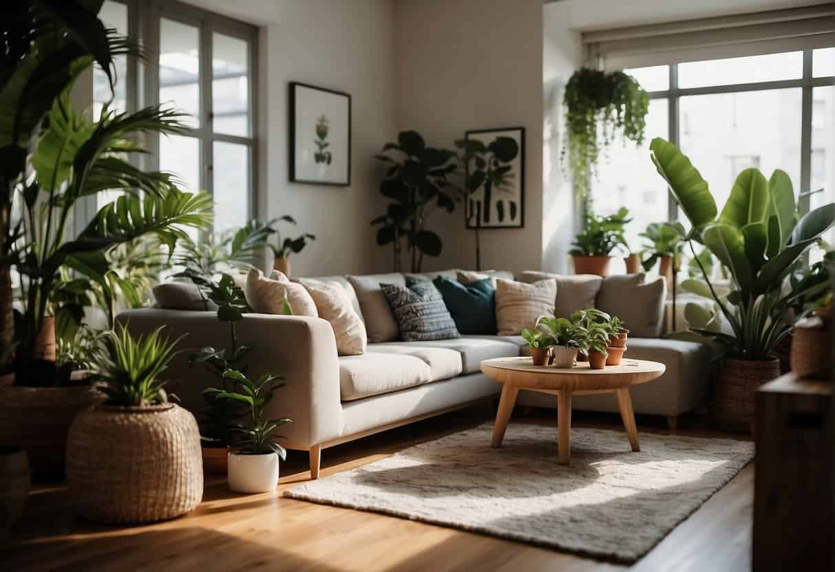 A cozy living room with various houseplants placed strategically around the space, catering to different lifestyles and preferences