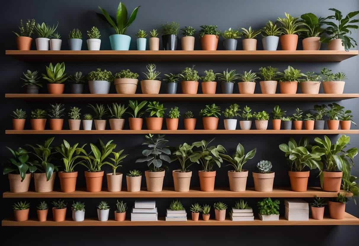 Houseplants arranged on shelves, with labels indicating care guidelines. A person's lifestyle items nearby, such as books, workout gear, or art supplies