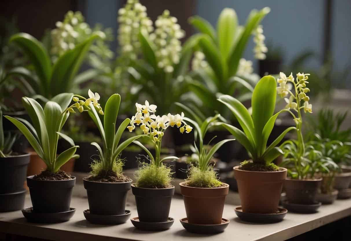 Lush green orchids in various stages of growth, some thriving while others show signs of stunted growth. Tools and equipment for propagation are scattered around the workspace