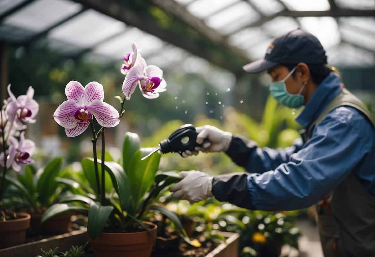 A gardener sprays orchids with organic pest control, while others prune and remove diseased leaves