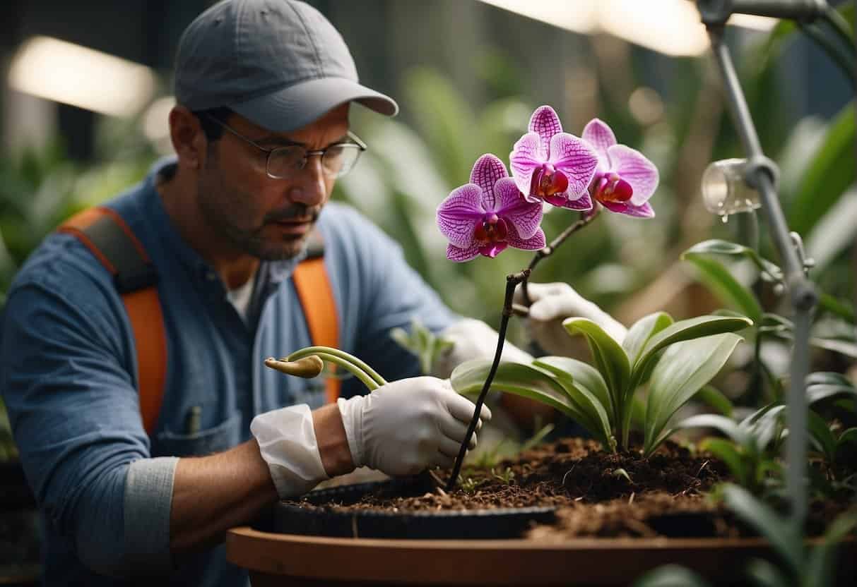 A gardener carefully inspects and treats an orchid plant for pests and diseases, using specialized tools and protective gear in a well-lit, clean environment