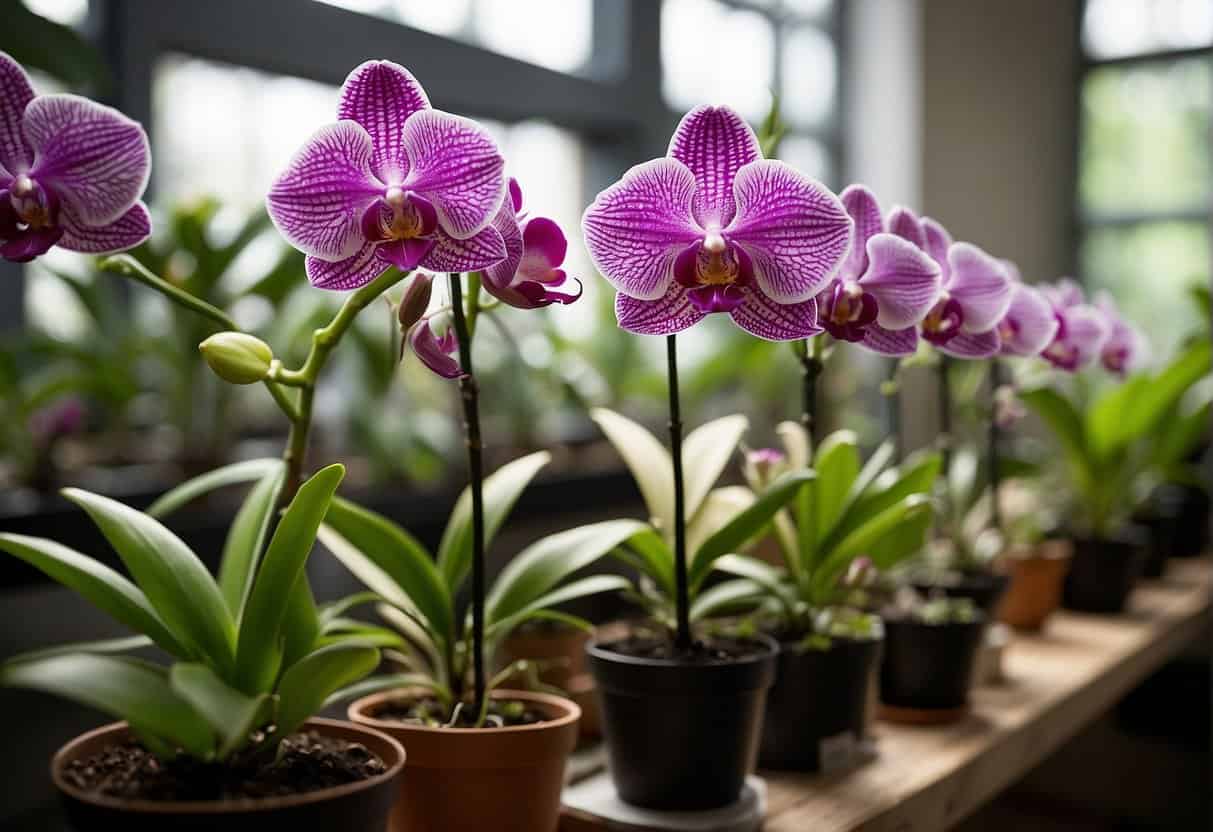 Lush green orchid plants arranged in various propagation techniques, including division, back bulb propagation, and keiki propagation. Bright, airy space with natural light