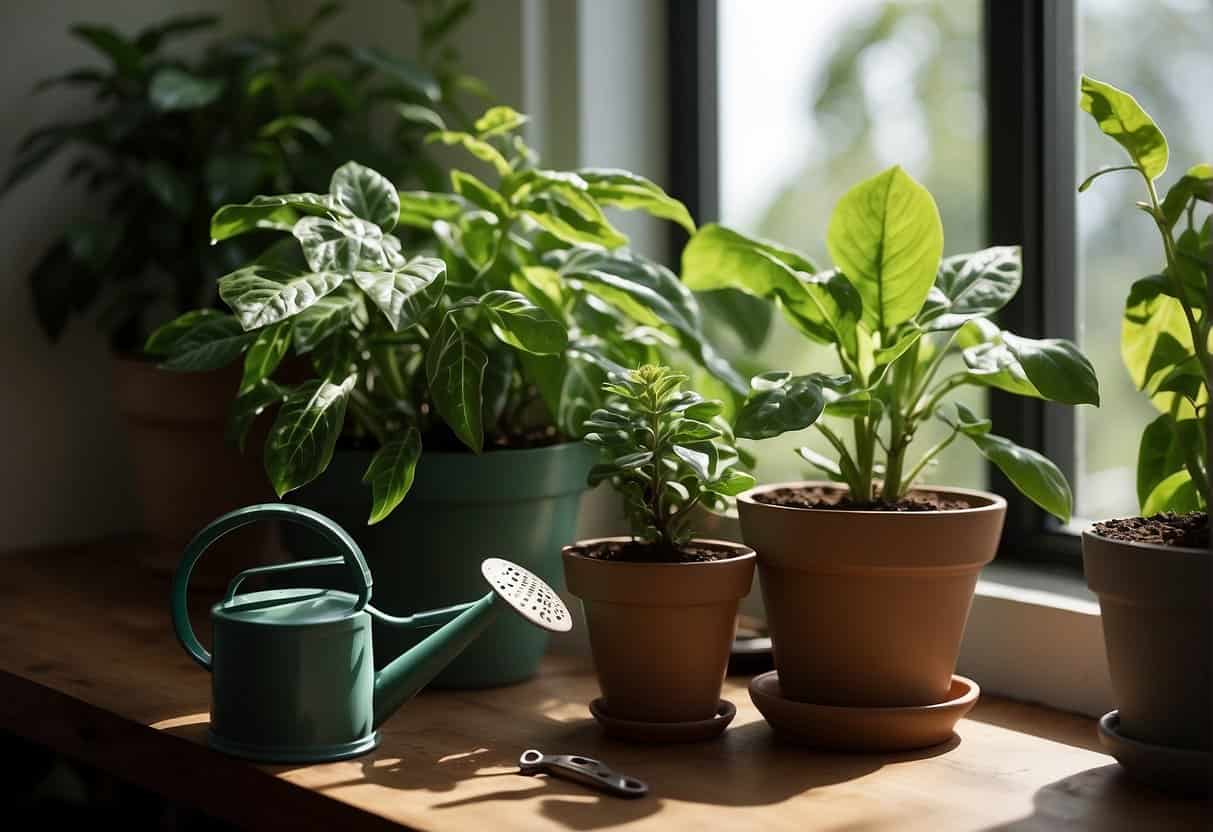Lush green houseplants sit on a sunny windowsill, surrounded by watering can, soil, and pruning shears. A care guide book lays open nearby