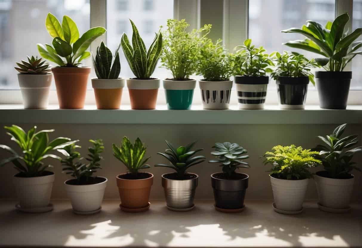 Lush green houseplants in various pots, arranged neatly on a sunny windowsill. Labels with plant names and care instructions are visible