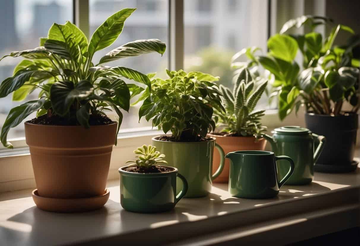 Lush green houseplants in various pots, placed on a sunny windowsill. A watering can and small bag of fertilizer nearby. A book on houseplant care open on the table