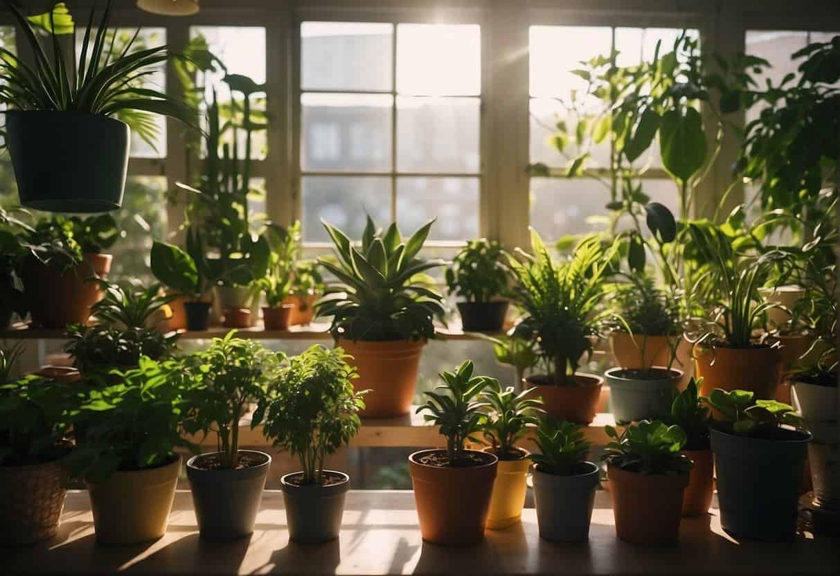Lush green houseplants fill the room, placed in colorful pots on shelves and tables. Sunlight streams in through the window, casting a warm glow on the vibrant foliage