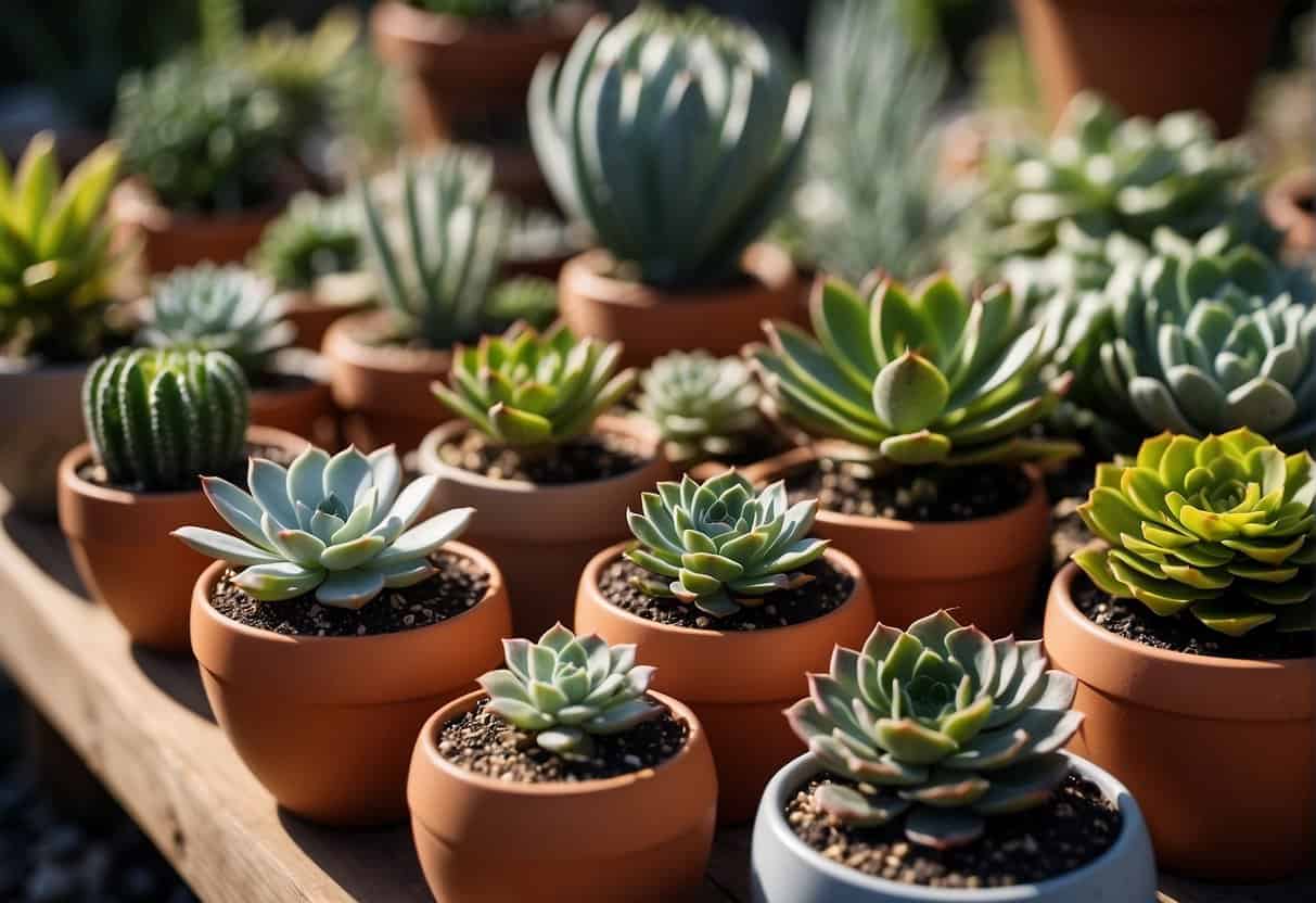 A variety of potted succulents arranged in a garden setting, with different shapes, sizes, and colors. The pots are placed strategically to create an aesthetically pleasing and drought-resistant garden display