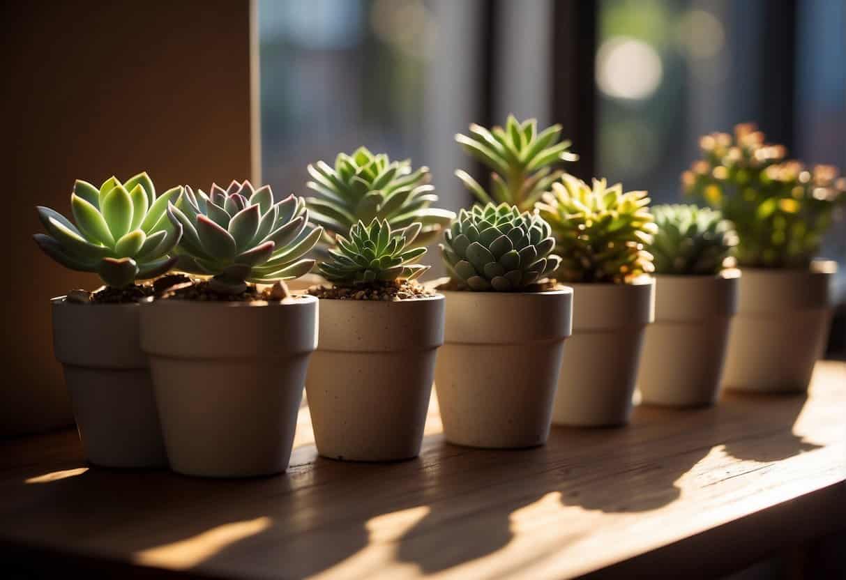 A variety of potted succulents arranged on a wooden table, with sunlight streaming in through a nearby window, casting shadows on the textured surface
