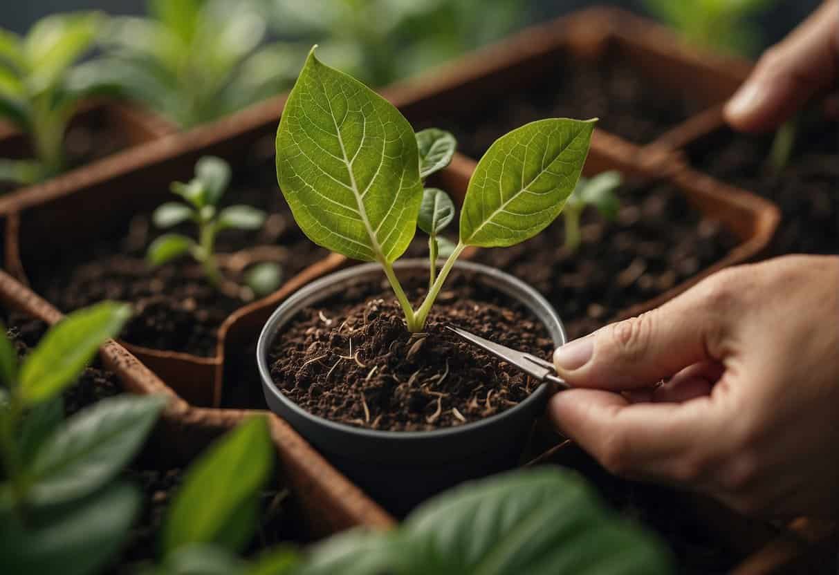A pair of tweezers carefully selects a healthy leaf cutting from a mature plant. The cutting is then placed into a container of water or soil to encourage root growth