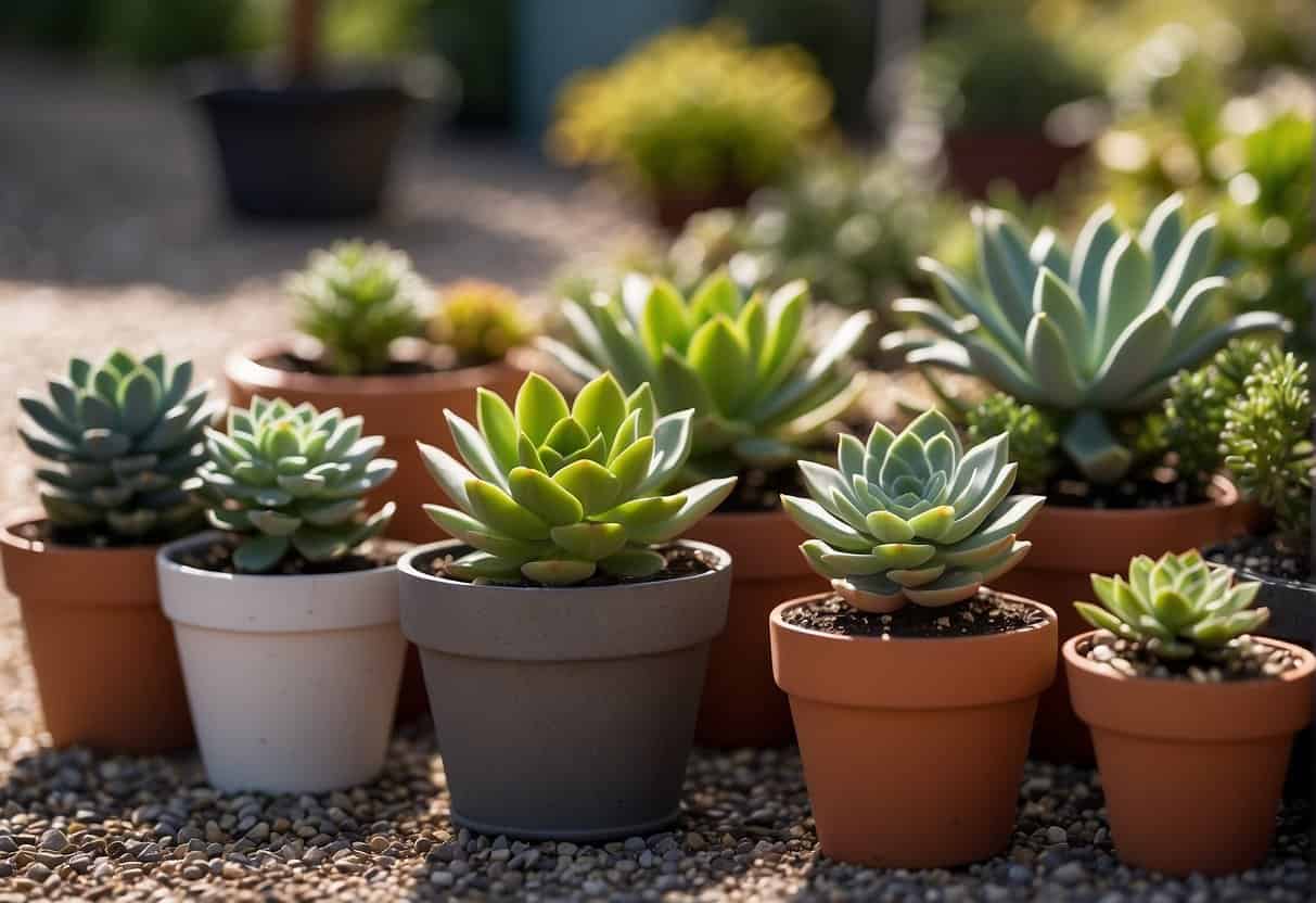 A variety of potted succulents arranged in a sunny, well-drained area. Mulch and gravel cover the soil, and a watering can sits nearby