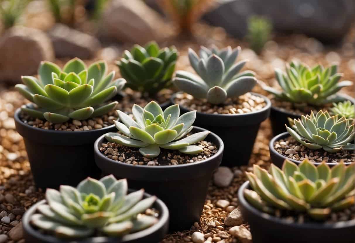 Potted succulents arranged in a sunny, arid setting with well-draining soil and minimal water. Mulch and rocks surround the pots to retain moisture and prevent evaporation