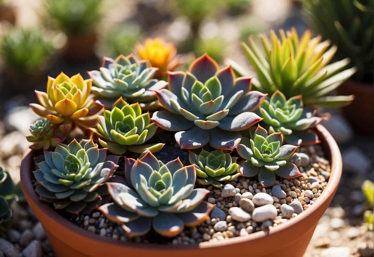 A variety of potted succulents arranged in a sun-drenched garden, with gravel and sand as the base, showcasing their vibrant colors and unique shapes