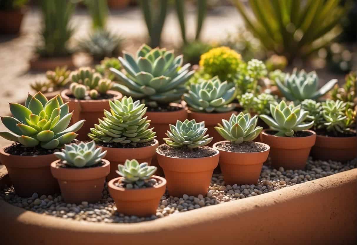 Succulents arranged in pots, surrounded by drought-resistant companion plants. Sand and gravel cover the soil, with a backdrop of sun-drenched terracotta