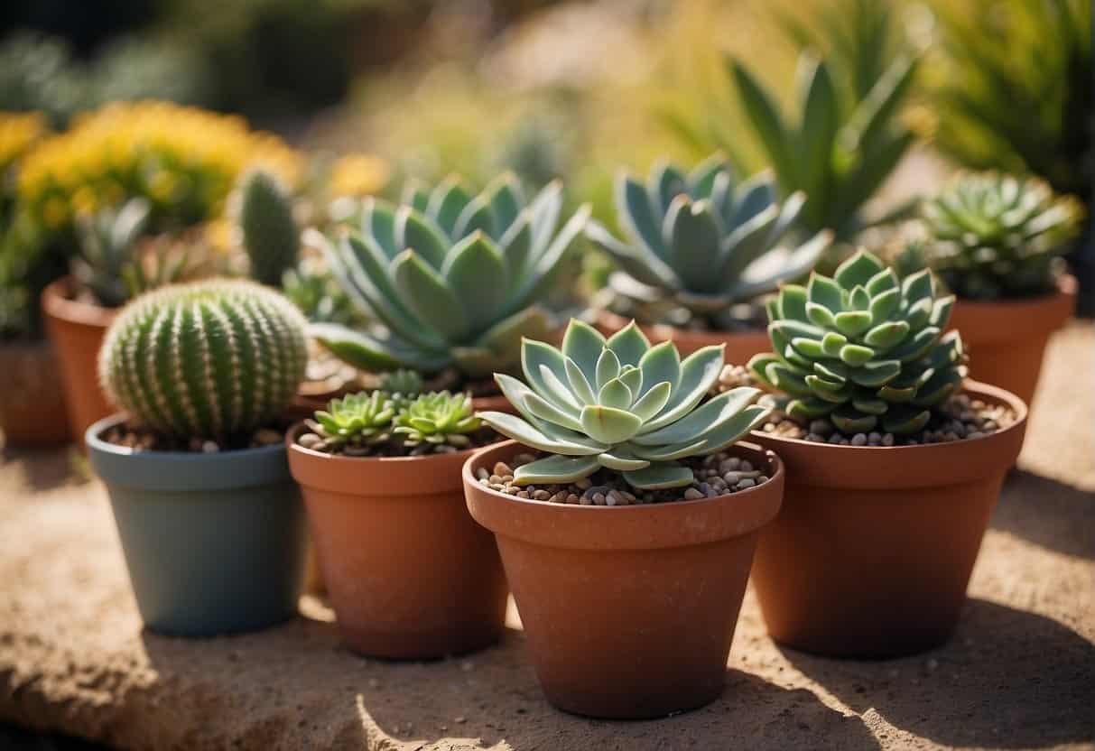 A variety of potted succulents arranged in a drought-resistant garden, with different sizes and shapes creating an interesting and visually appealing display