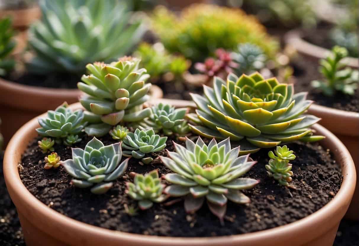 A variety of potted succulents arranged in a garden, with mulch covering the soil and a drip irrigation system in place. The plants are thriving despite the dry conditions, showcasing their drought-resistant qualities