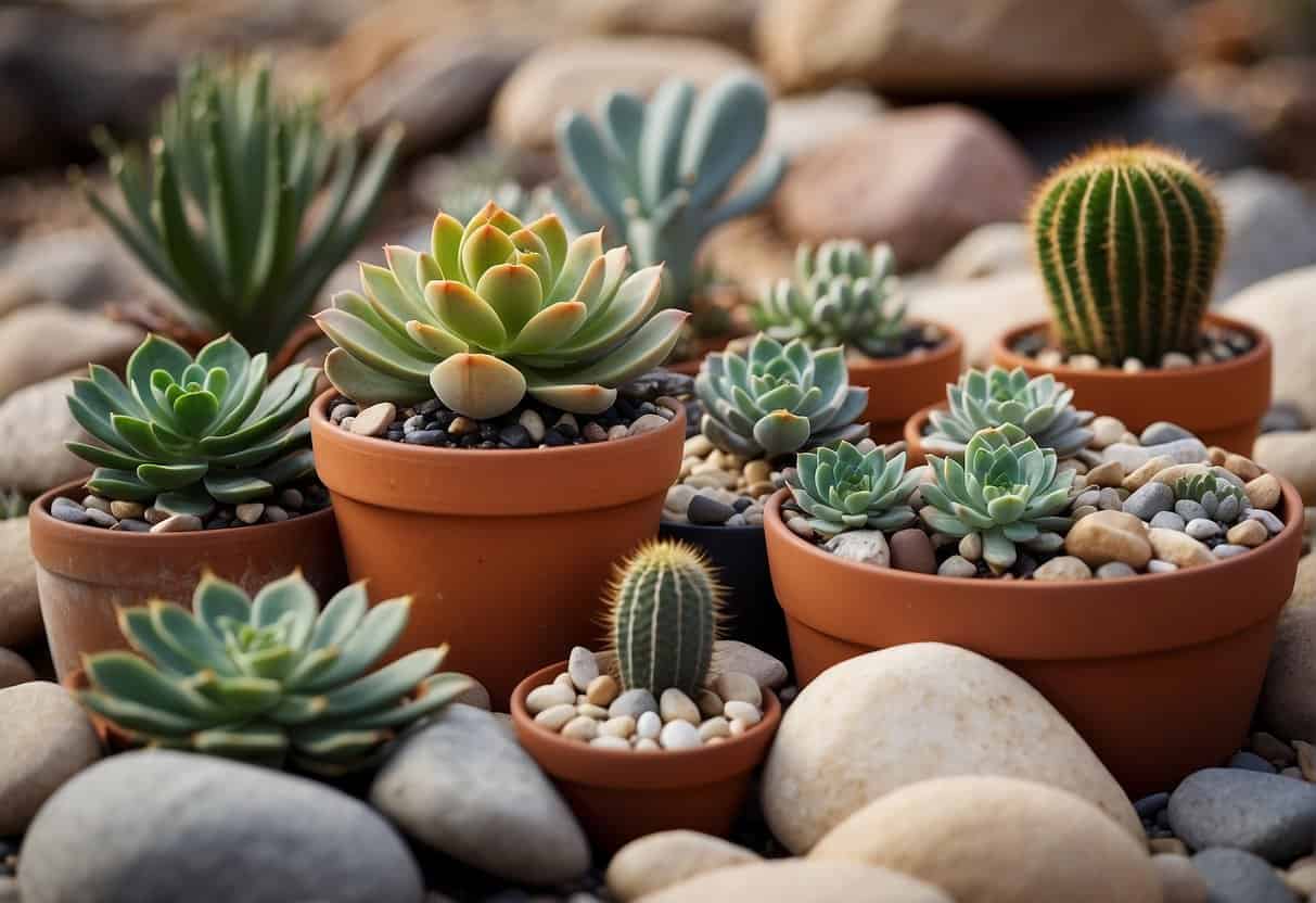 A collection of potted succulents arranged in a variety of shapes and sizes, nestled among rocks and pebbles, with a backdrop of dry, arid landscapes featuring cacti and desert flora
