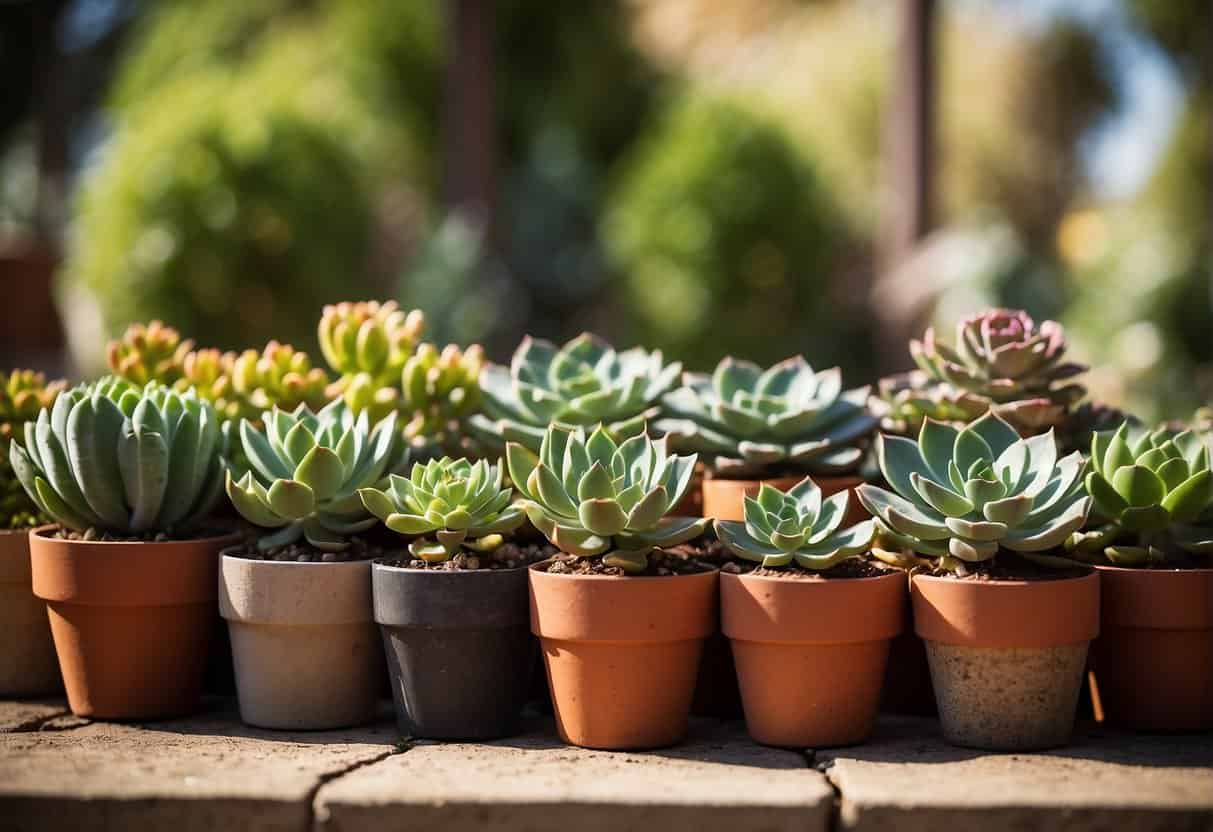 A variety of potted succulents arranged in a garden, with labels showcasing their drought-resistant qualities. Sunlight filters through the leaves, highlighting their unique shapes and textures