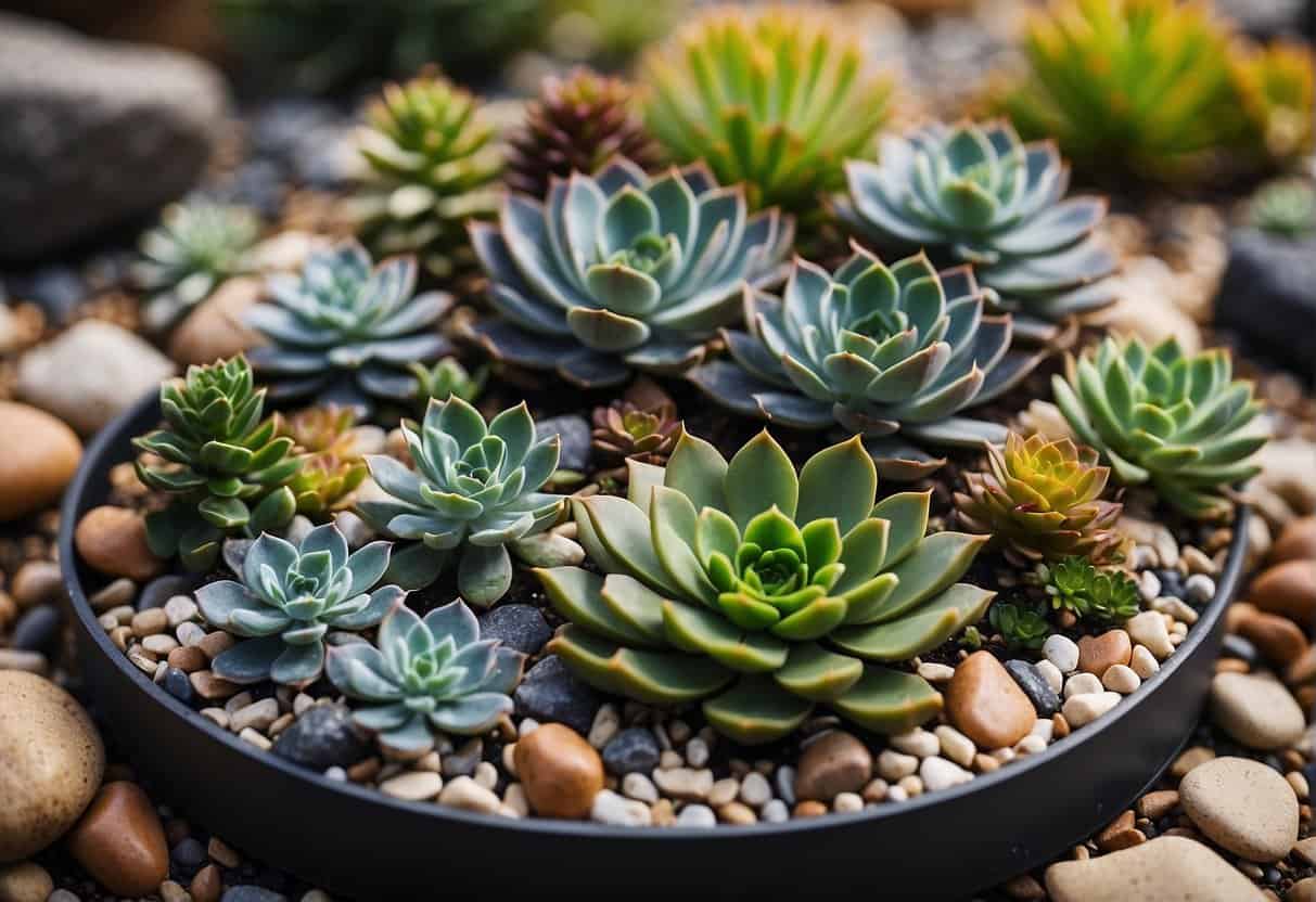 A variety of potted succulents arranged in a garden bed, surrounded by gravel and rocks. The plants are vibrant and varied, showcasing different shapes and colors