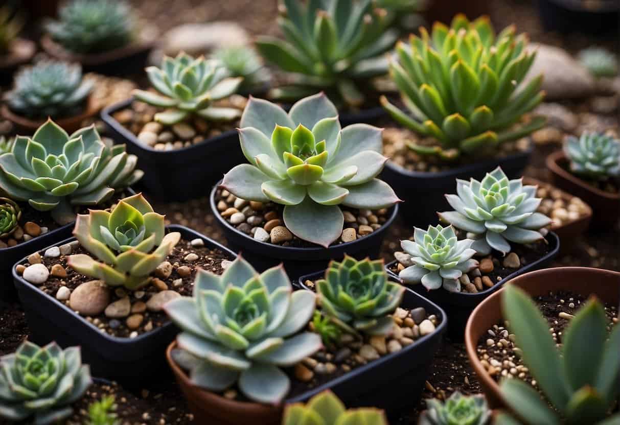 A variety of potted succulents arranged in a garden, surrounded by rocks and mulch, with a drip irrigation system and solar-powered lights