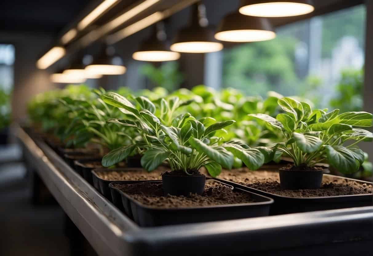 Lush green leaves carefully trimmed and placed in soil, surrounded by small pots and propagation trays. Heat lamps and misting system provide ideal conditions for growth