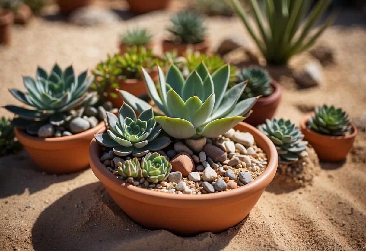 A variety of potted succulents arranged in a desert-themed garden, with rocks and sand as the base, and drought-resistant plants in the background