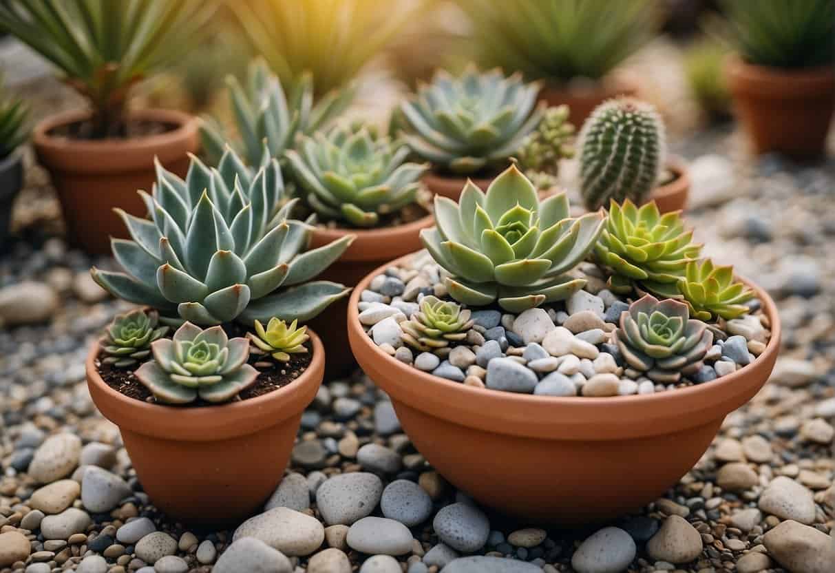 Potted succulents arranged with decorative rocks and garden ornaments in a drought-resistant garden